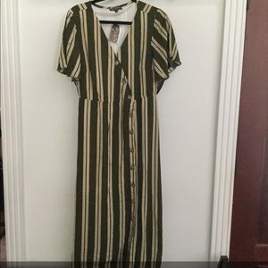 Olive Green Striped Button Wrap Dress